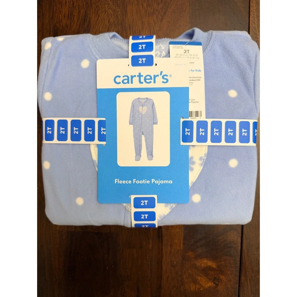 Carter's Fleece Footie Pajama Toddler Girls 2T Blue Polka Dot Heart NWT